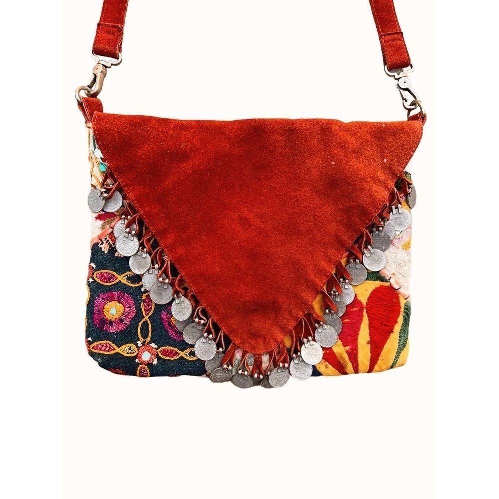 RAJ Red Suede Crossbody Purse Kantha Mirrored Coins Anthropologie